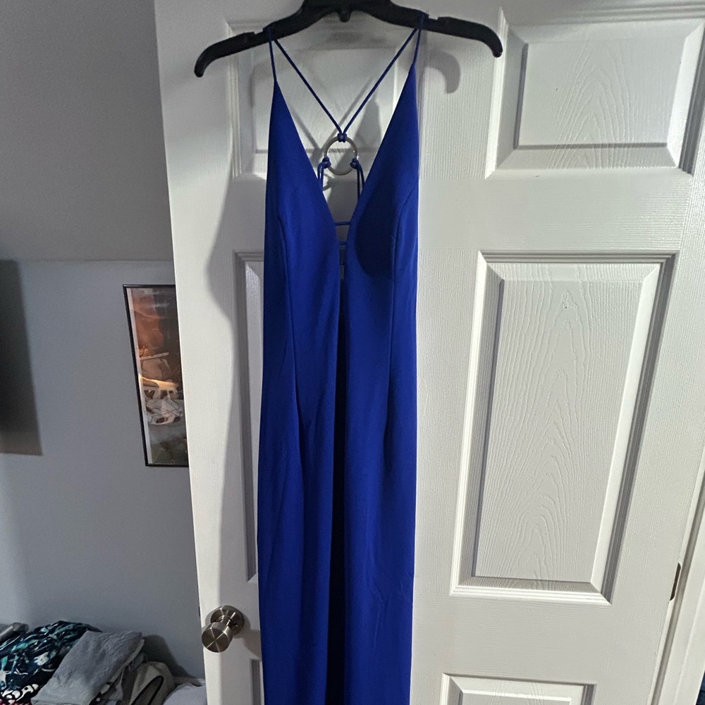 Elegant Blue Aiden Mattox open back strap dress